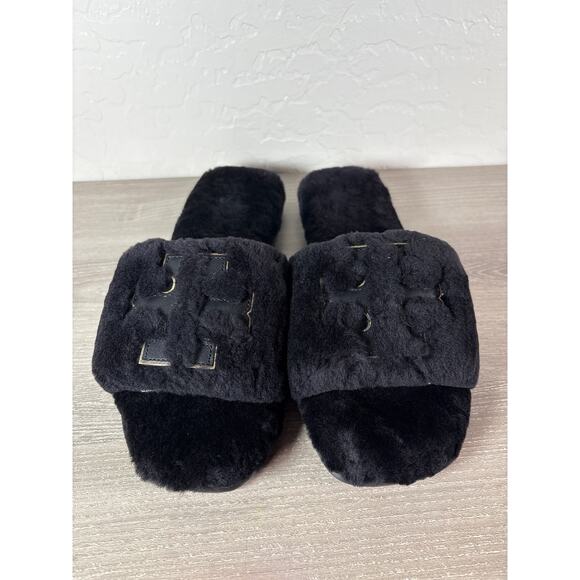 Tory Burch Black/Gold Double T Shearling Slide Slippers 8 M Leather Logo NIB - Picture 2 of 7